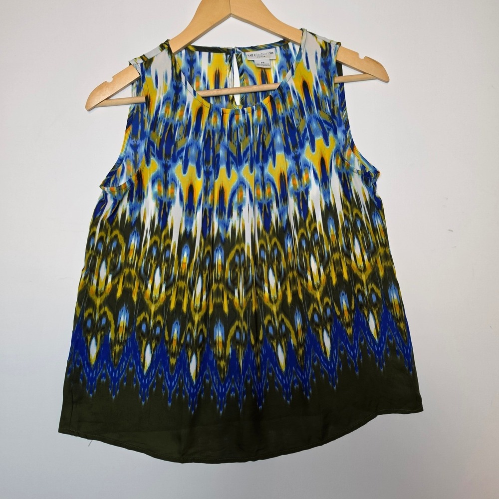 Liz Claiborne Ikat Abstract Print Sleeveless Blouse Blue Yellow Olive Size PS